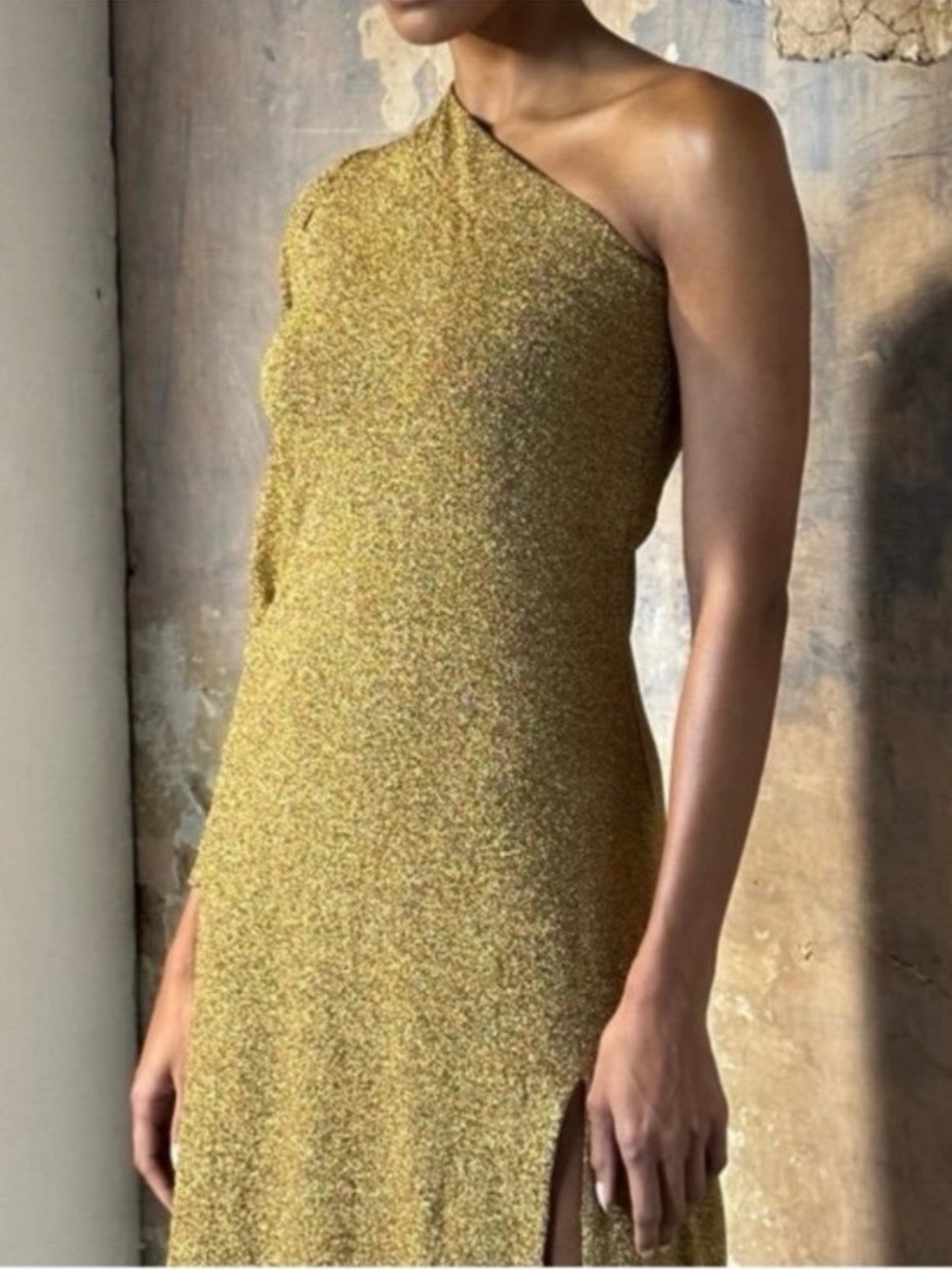 One-Shoulder Glitter Gold Evening Dress